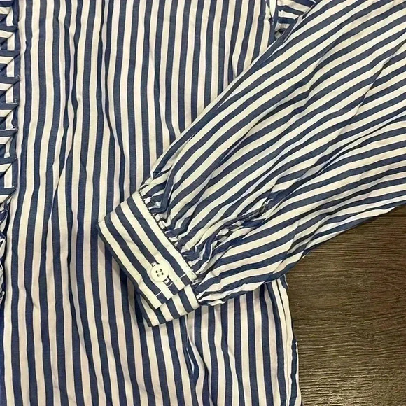 [L]Max Studio 100 Modal White Blue Straps Prints Button  Down Women Shirt - Picture 6 of 11